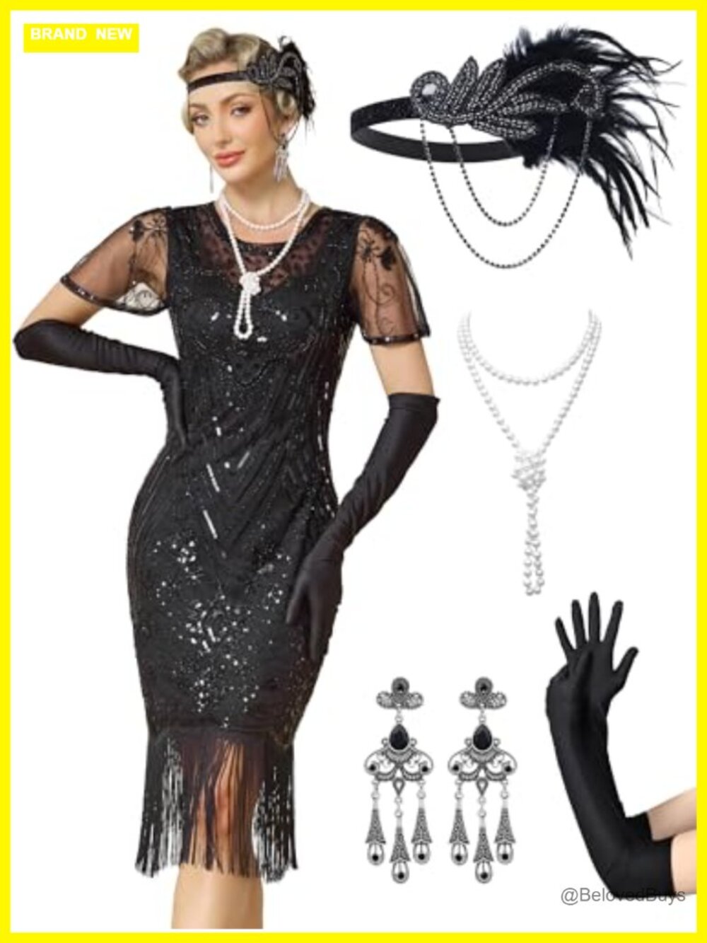 1920s Great Gatsby Flapper Dress Women Lace Fringe Sleeve Costume with